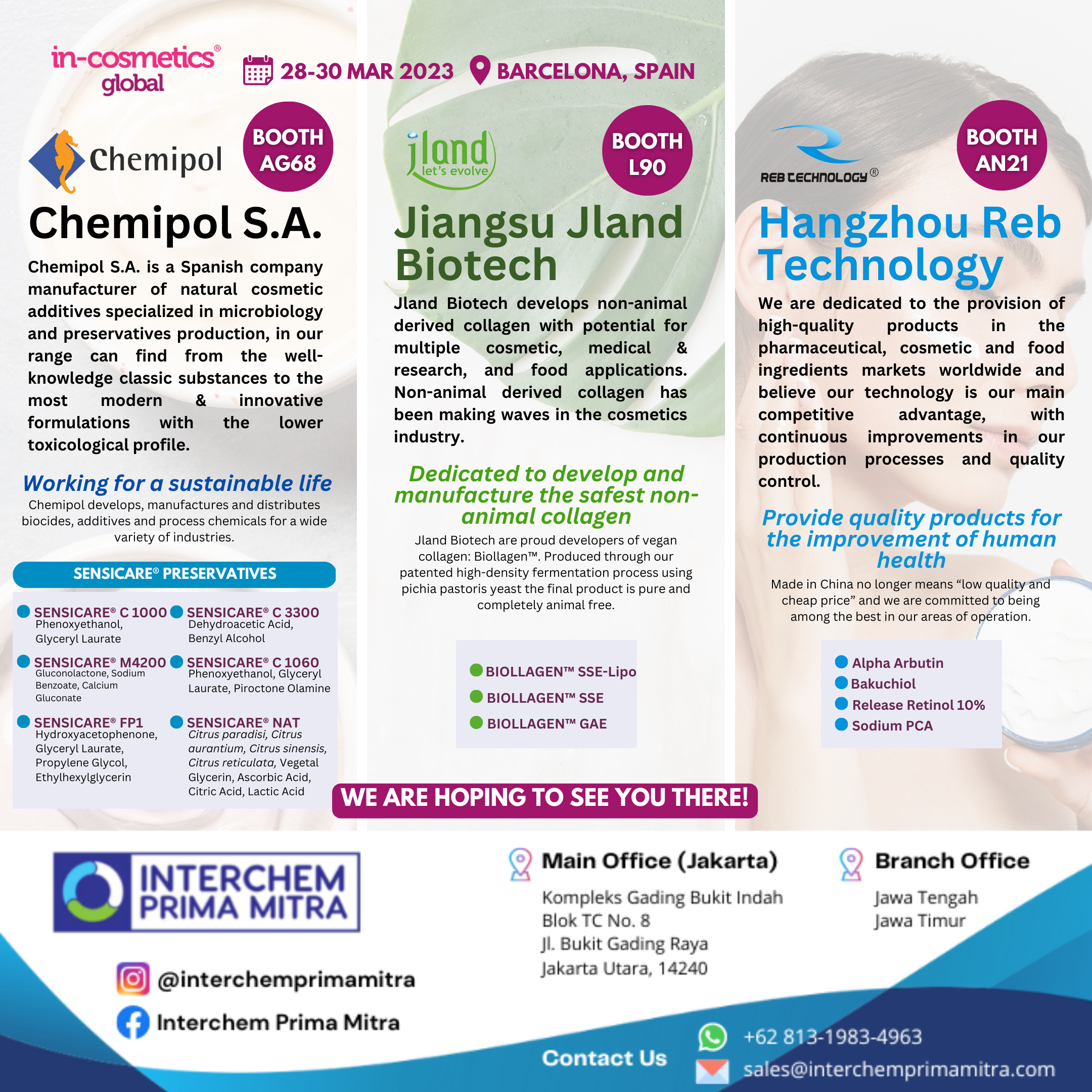 JOIN US IN-COS BARCELONA 2023 : CHEMIPOL S.A , JIANGSU JLAND BIOTECH, HANGZHOU REB TECHNOLOGY
